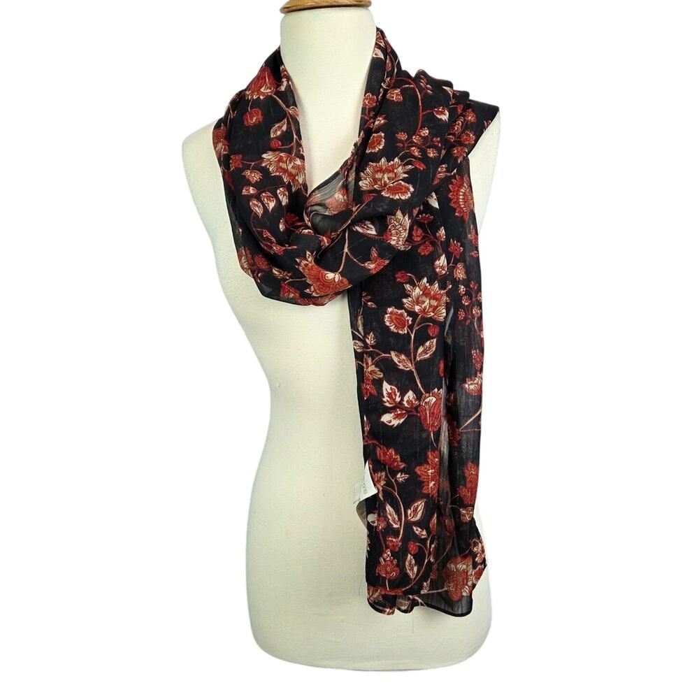 Chicos Jacobean Careerwear Lightweight Scarf Black Orange Metallic Thred Office